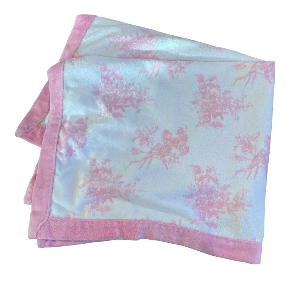 Blankets and Beyond Pink Baby Blanket Plush Security Minky Trim White Bouquets
